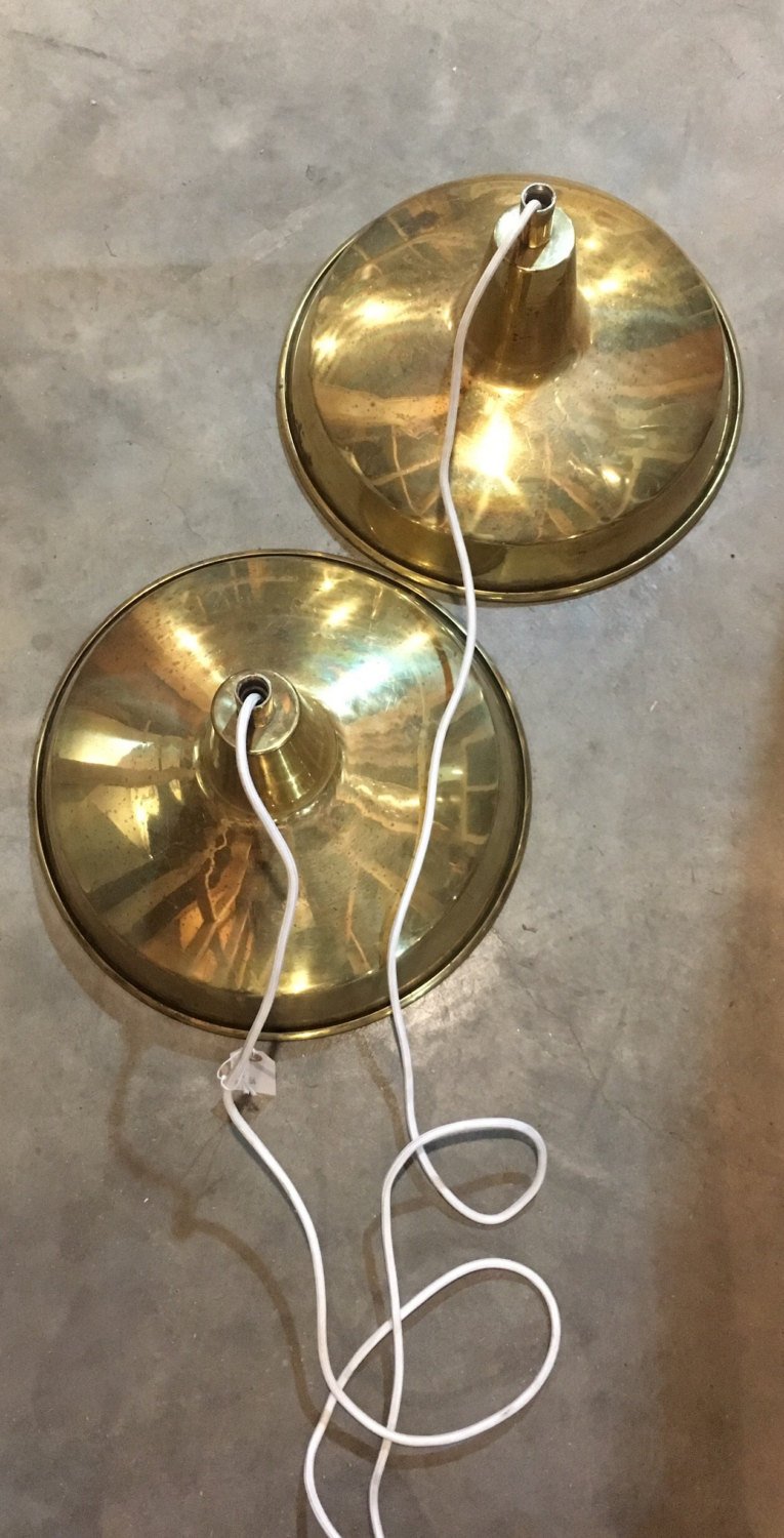 Two Vintage solid Brass Industrial Farm House Pendant Light Fixtures (sold seperately)