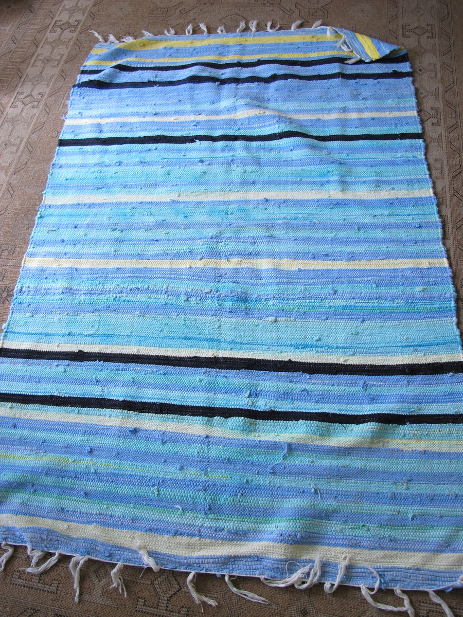 Vintage Blue Fabric Scrap Rug with Yellow, Black and White Accents