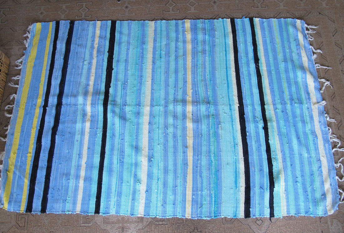 Vintage Blue Fabric Scrap Rug with Yellow, Black and White Accents