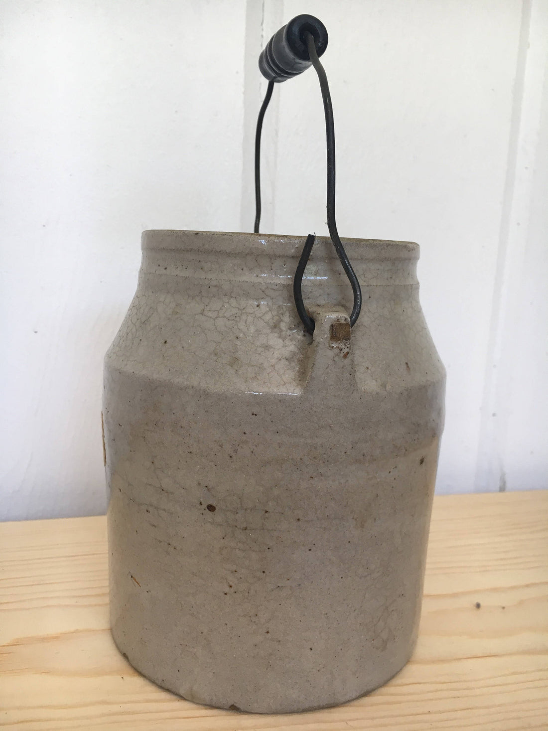 Authentic Stoneware Crock with Rustic Metal and Wood Handle