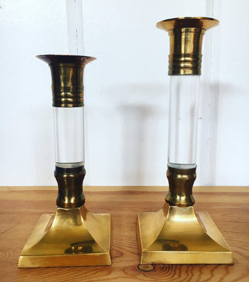 Vintage Metallic Solid Gold Brass and Lucite Hollywood Regency Candle Stick Holders