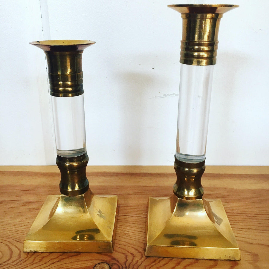 Vintage Metallic Solid Gold Brass and Lucite Hollywood Regency Candle Stick Holders