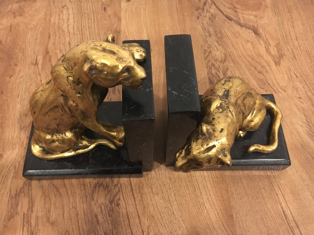 Art Deco Jaguire Book Ends solid brass with Marble Base 1929