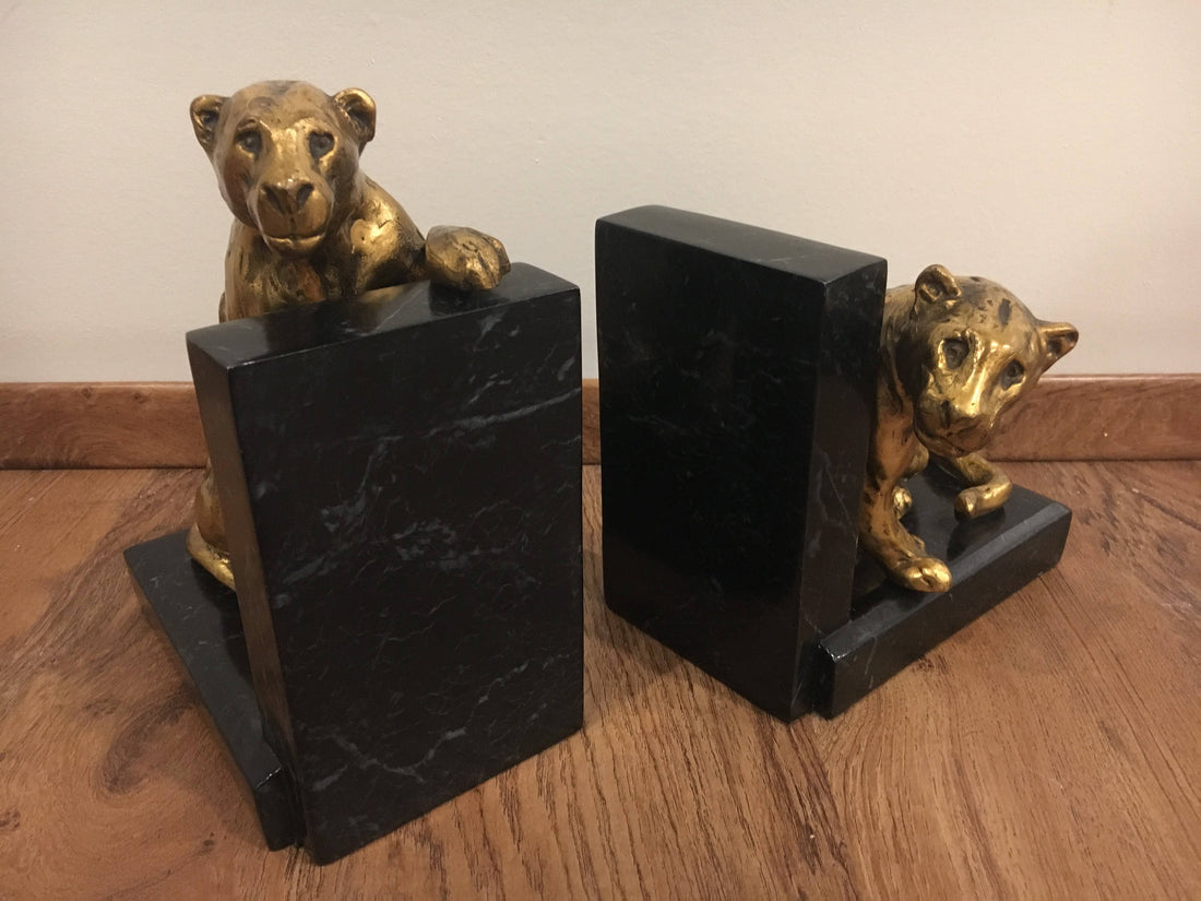 Art Deco Jaguire Book Ends solid brass with Marble Base 1929