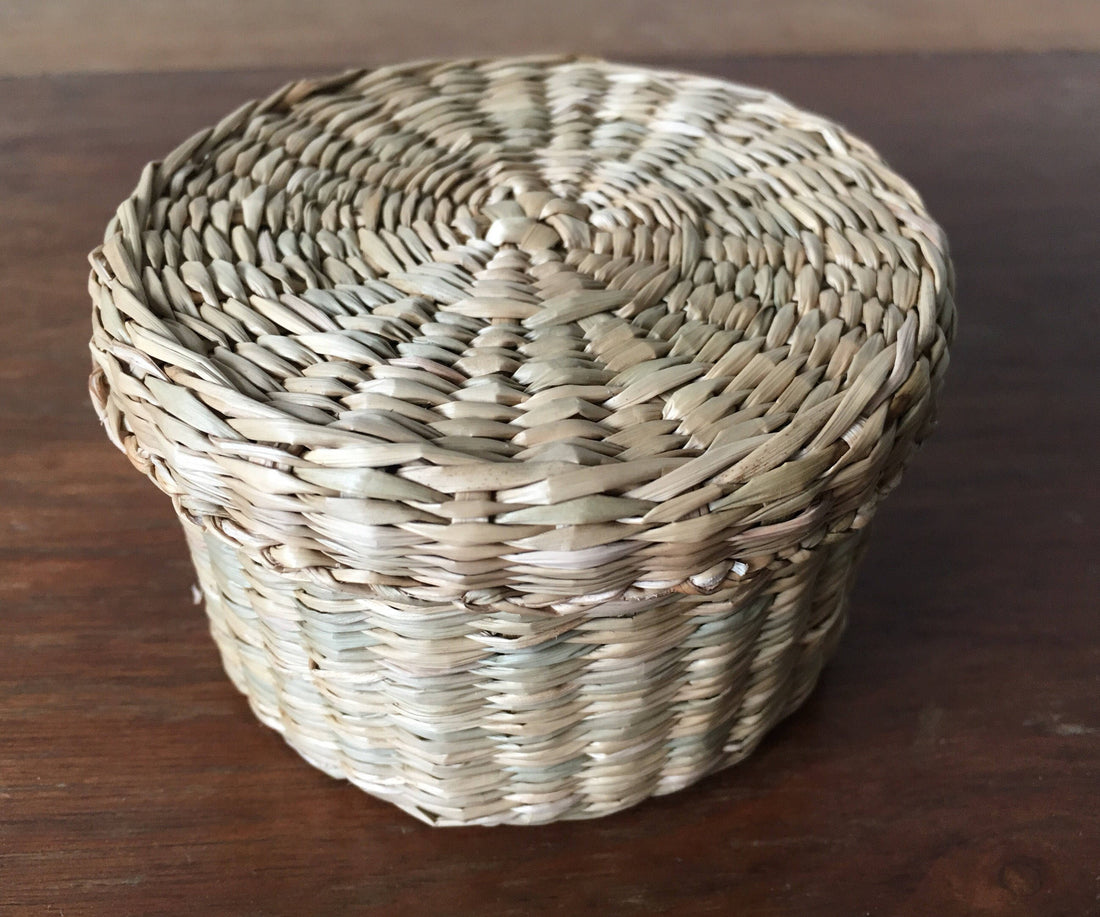 Vintage Intricately Woven Neutral Circular Basket Box with Lid