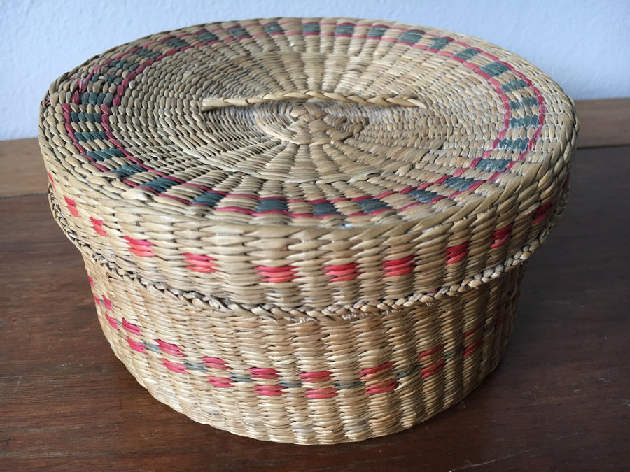 Vintage Intricately Woven Circular Neutral Basket Box with Lid
