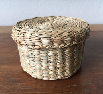 Vintage Intricately Woven Neutral Circular Basket Box with Lid