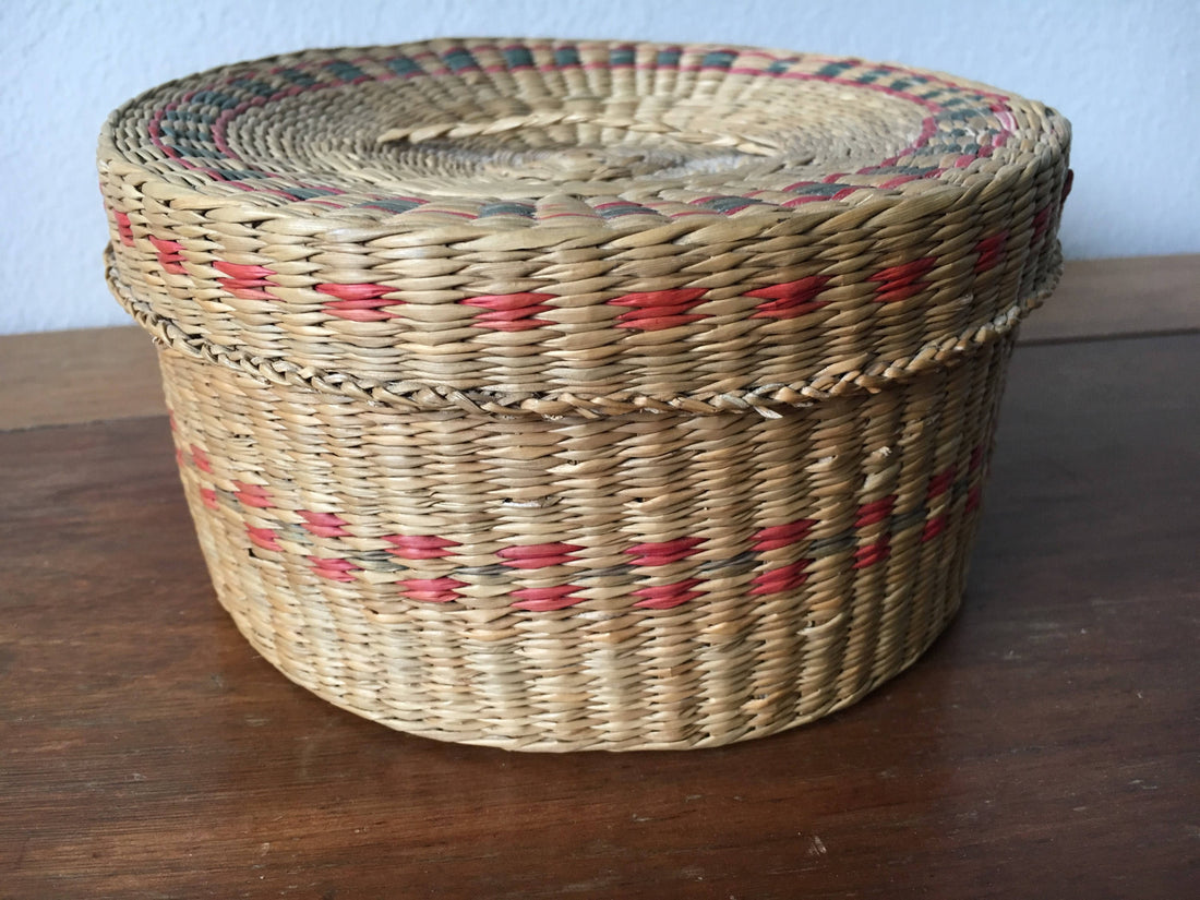 Vintage Intricately Woven Circular Neutral Basket Box with Lid