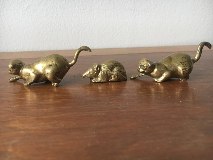 Vintage Semi-Solid Mini Brass Cats and Mouse (Sold as a Set)