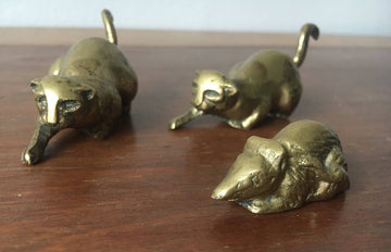 Vintage Semi-Solid Mini Brass Cats and Mouse (Sold as a Set)