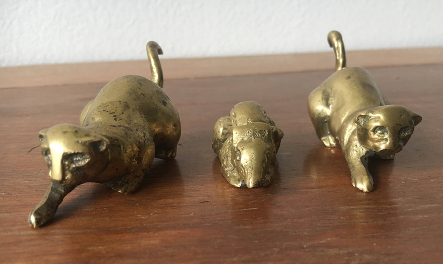 Vintage Semi-Solid Mini Brass Cats and Mouse (Sold as a Set)