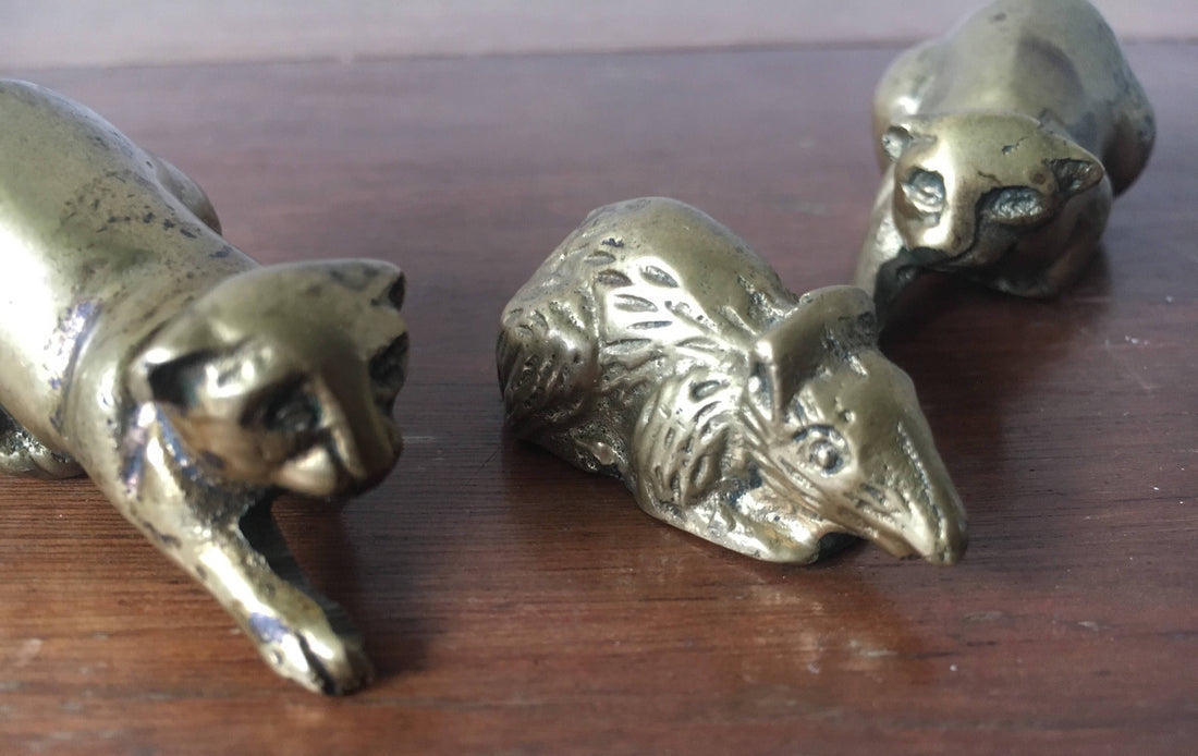 Vintage Semi-Solid Mini Brass Cats and Mouse (Sold as a Set)