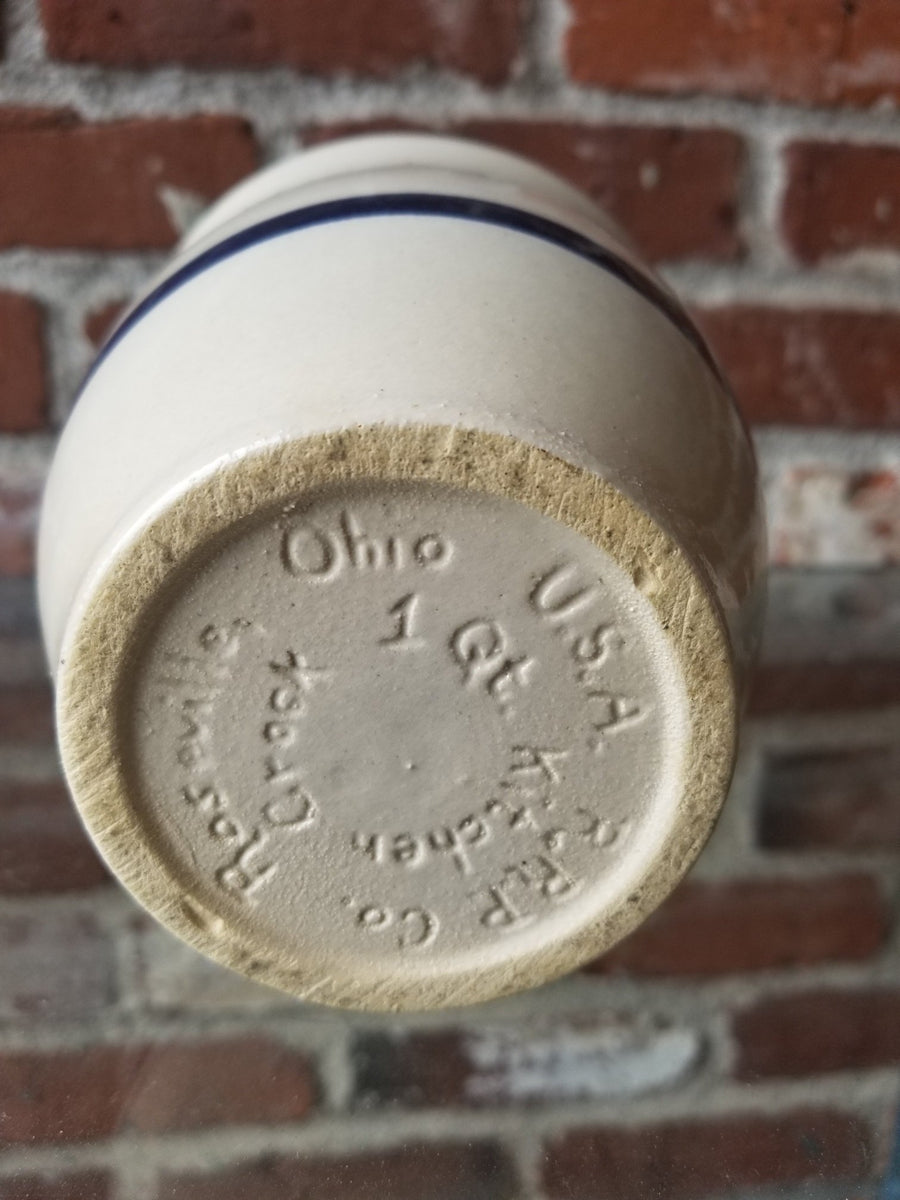 Vintage Roseville Ohio Stoneware Crock 1 Quart with Two Blue Stripe