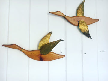 Mid-Century Set of 2 Wood and Brass Minimalist Bird Hanging Wall Art (Price is for the Set of 2)