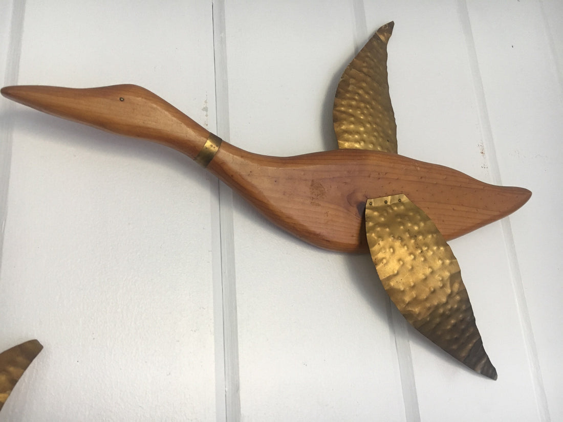 Mid-Century Set of 2 Wood and Brass Minimalist Bird Hanging Wall Art (Price is for the Set of 2)