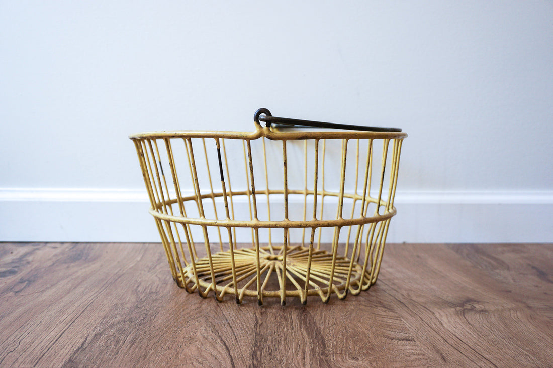 Vintage Galvanized Metal Egg Basket in Distressed Yellow and Spiral Metal Handle