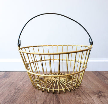 Vintage Galvanized Metal Egg Basket in Distressed Yellow and Spiral Metal Handle