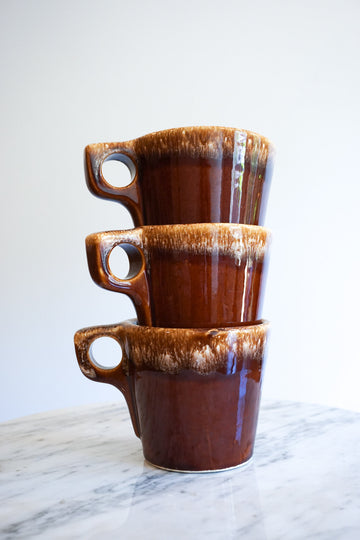Set of 3 - Vintage 1960's Espresso Brown Cups with Square Handles