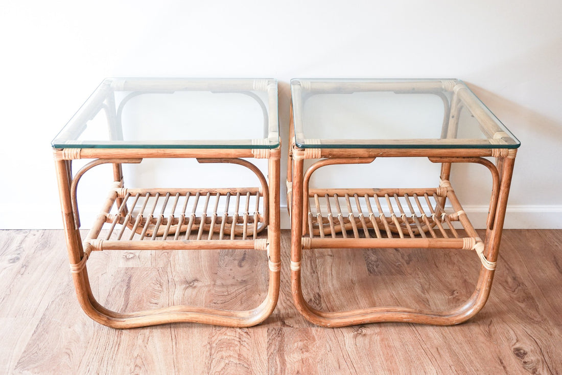 Bamboo Side Tables with Glass Tops - two available and sold separately