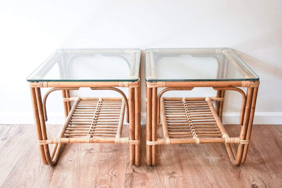 Bamboo Side Tables with Glass Tops - two available and sold separately