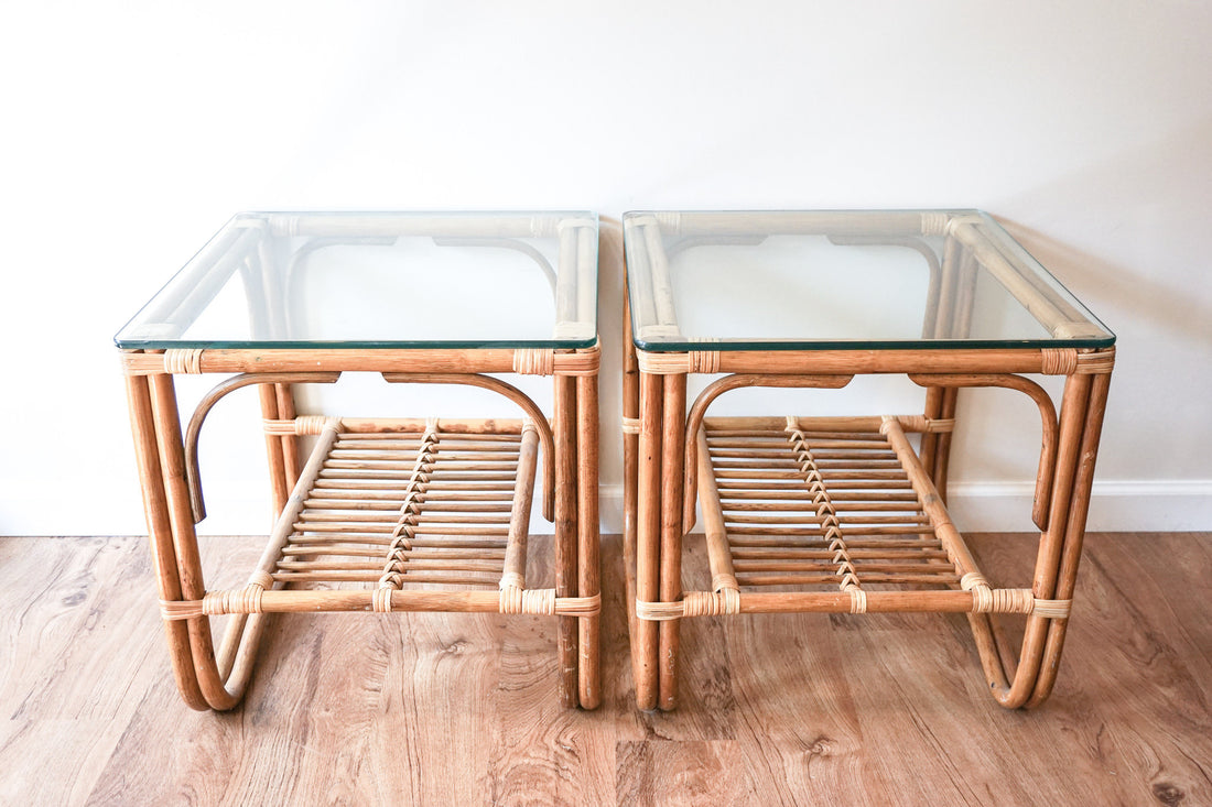 Bamboo Side Tables with Glass Tops - two available and sold separately