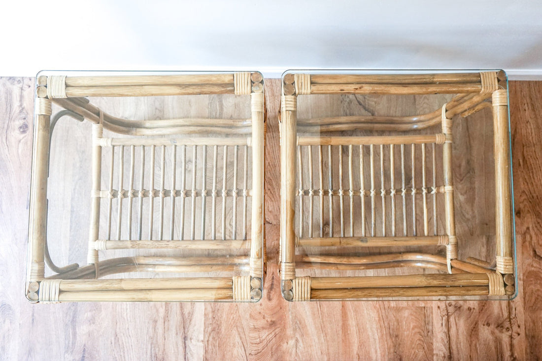 Bamboo Side Tables with Glass Tops - two available and sold separately