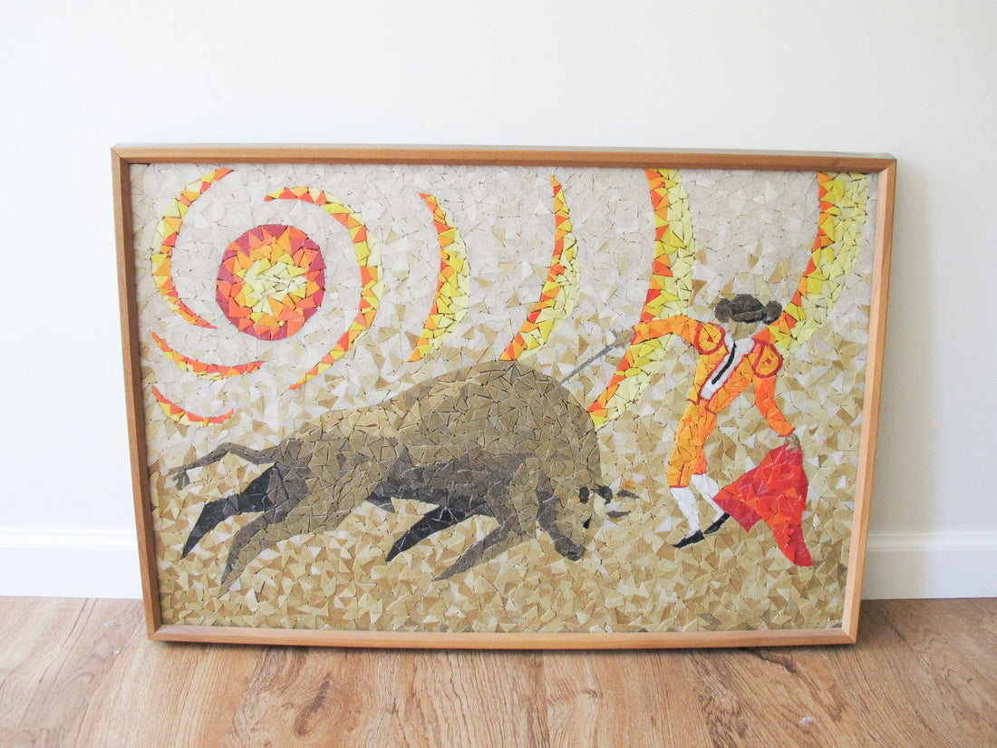 Vintage Mosaic Bull Fighter Framed Artwork