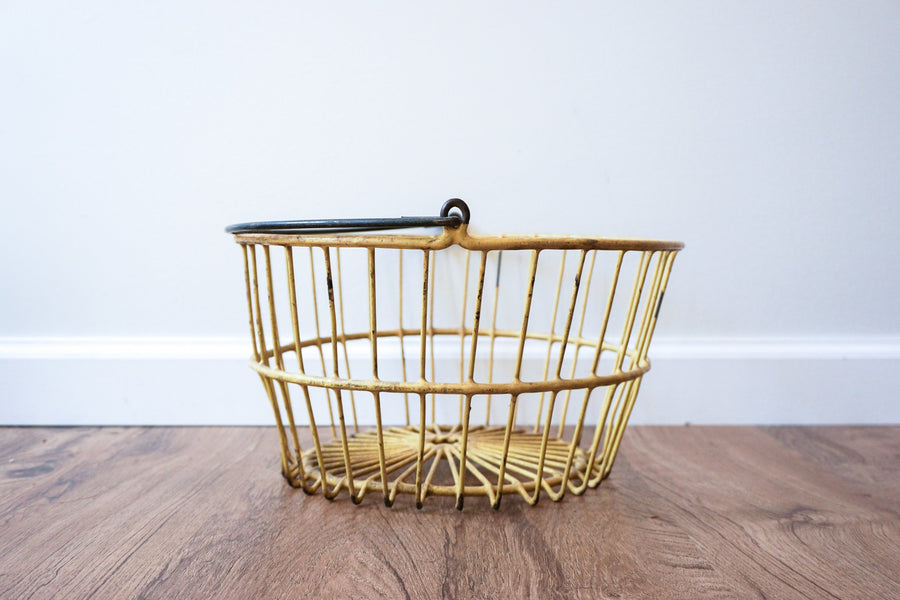 Vintage Galvanized Metal Egg Basket in Distressed Yellow and Spiral Metal Handle