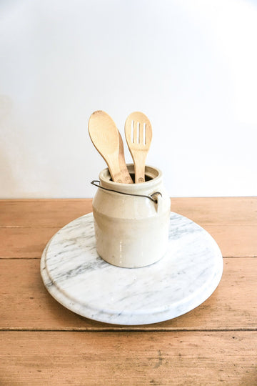 Vintage Natural Ceramic Canister with Original Distressed Metal Handle