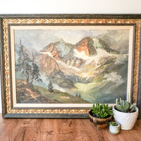 Gorgeous Rustic Large Vintage Mountain Landscape Painting with Hand Carved Frame