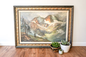 Gorgeous Rustic Large Vintage Mountain Landscape Painting with Hand Carved Frame