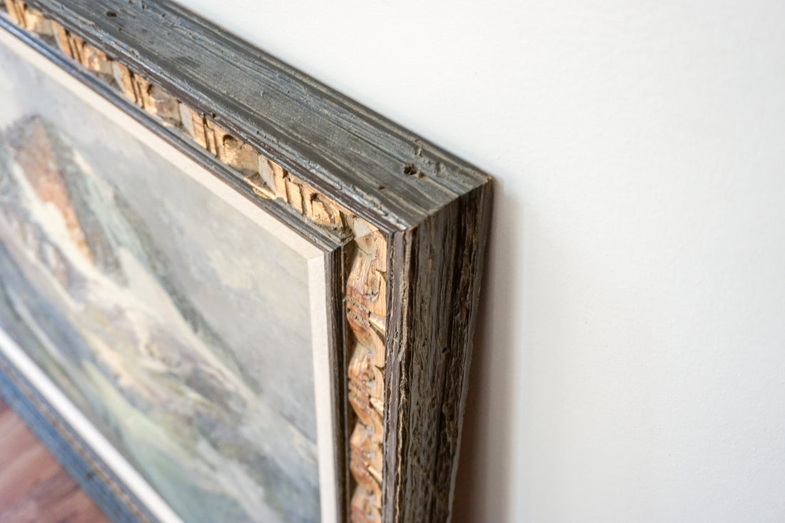 Gorgeous Rustic Large Vintage Mountain Landscape Painting with Hand Carved Frame