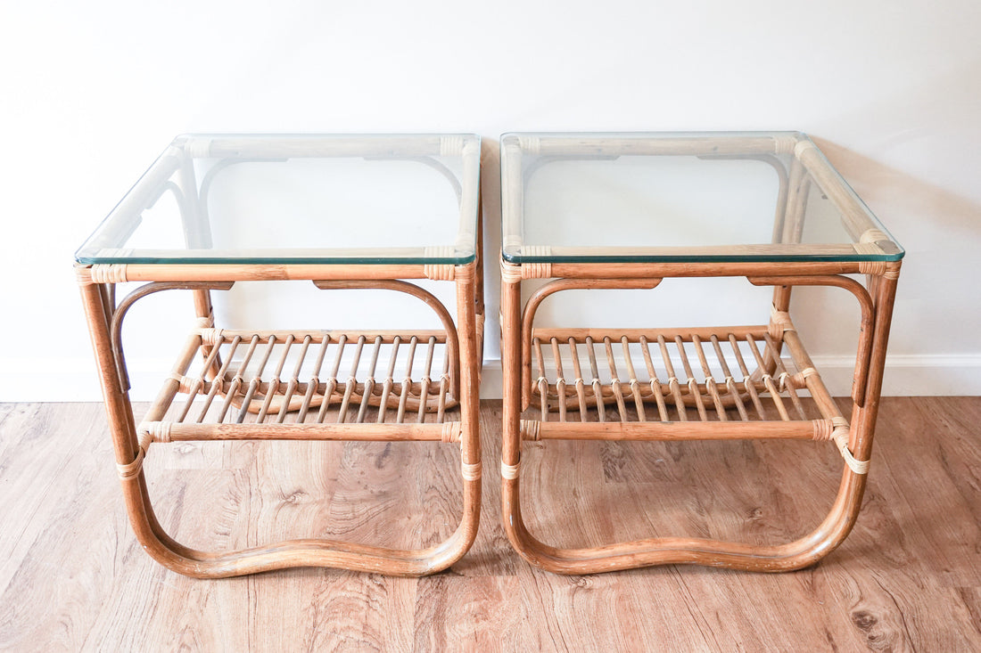 Bamboo Side Tables with Glass Tops - two available and sold separately