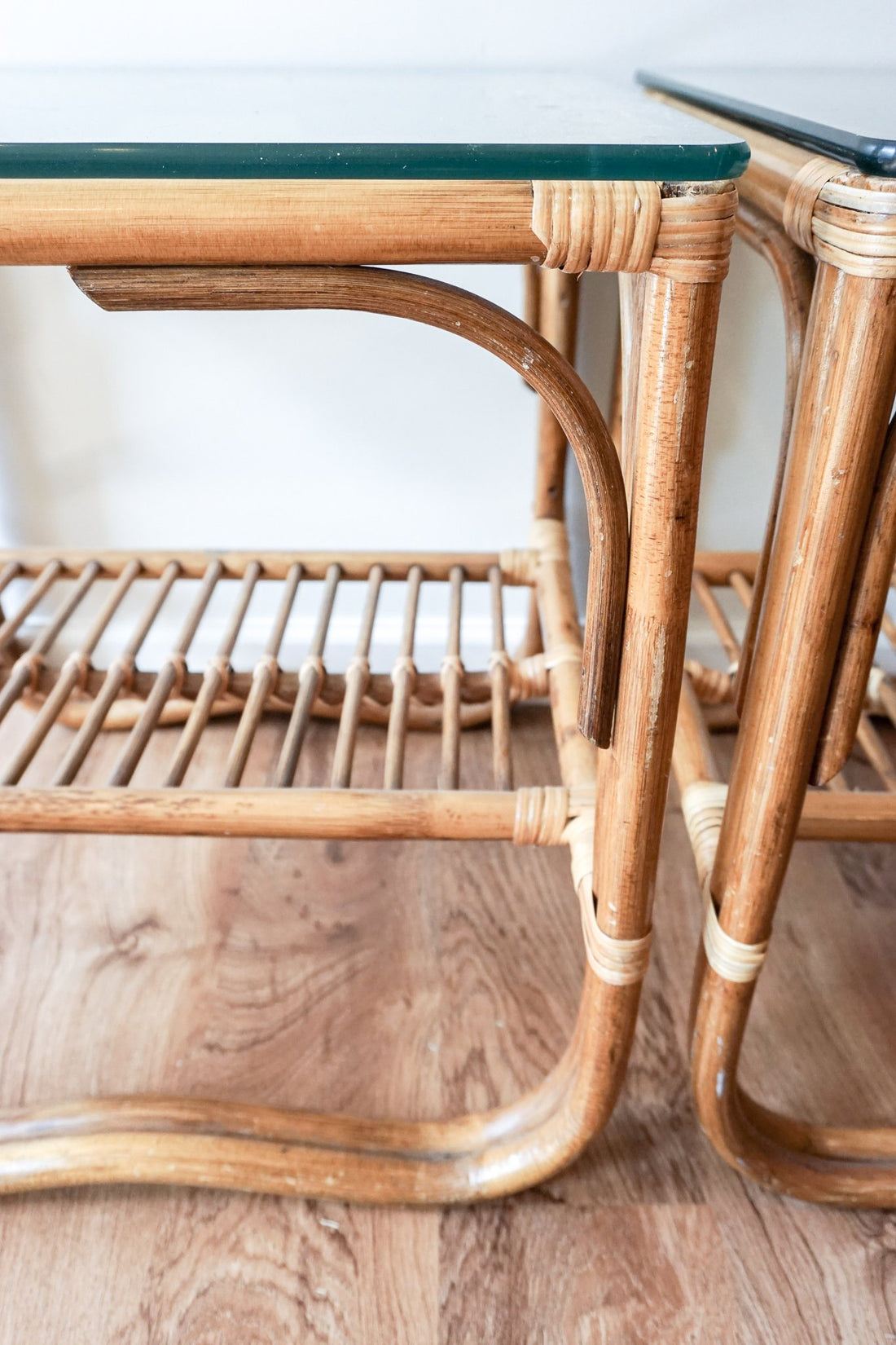 Bamboo Side Tables with Glass Tops - two available and sold separately