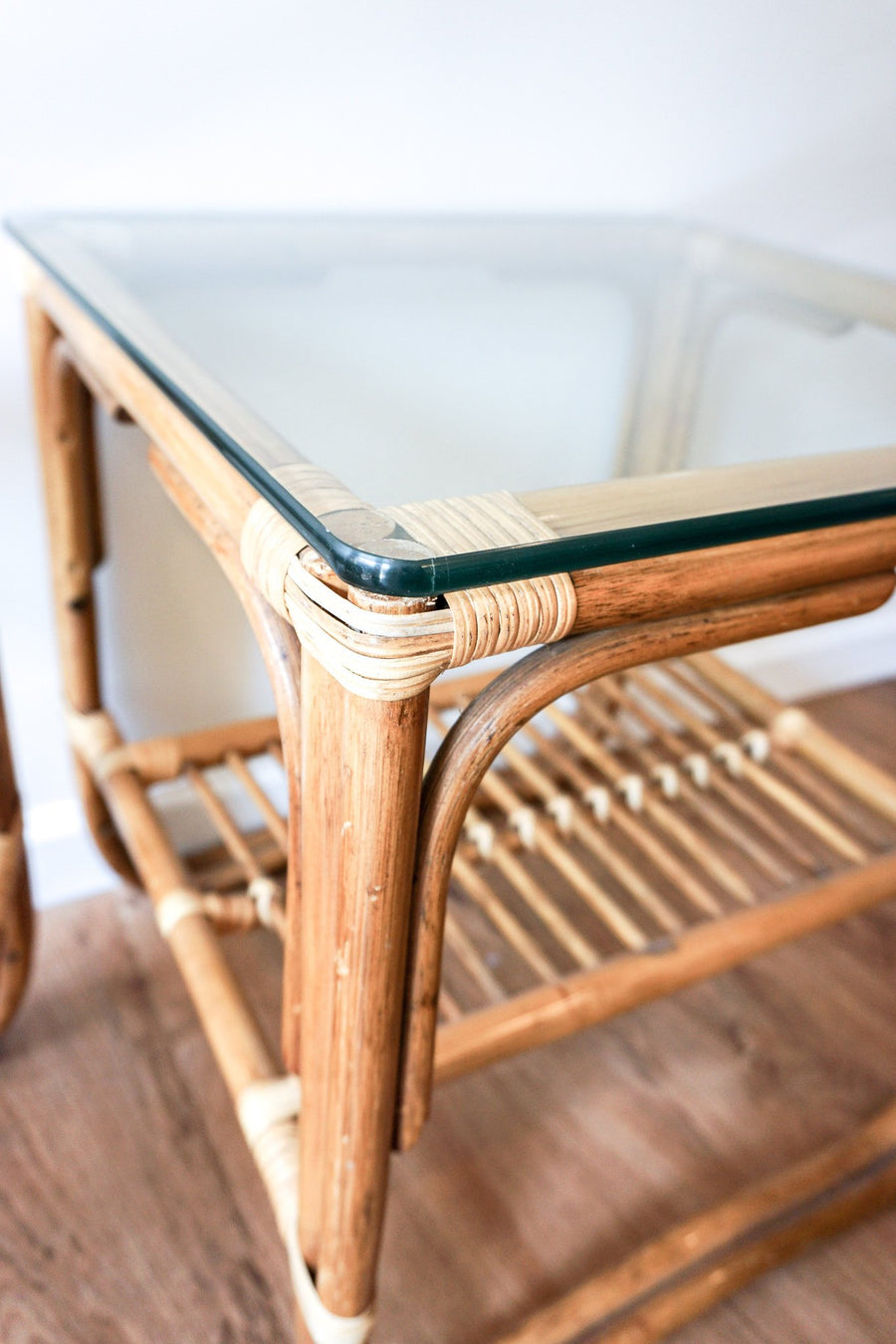 Bamboo Side Tables with Glass Tops - two available and sold separately