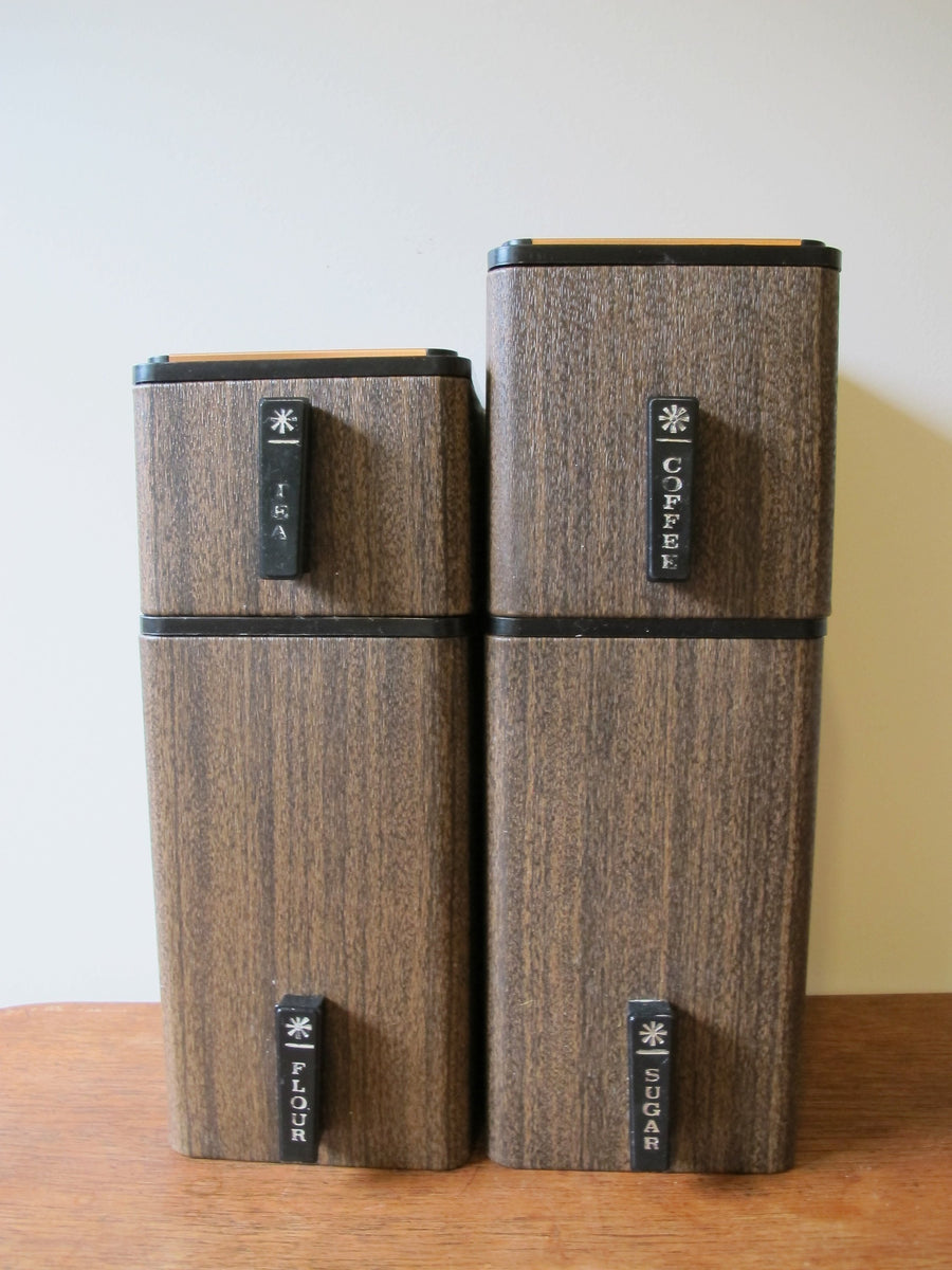 Midcentury Stackable Canister Set with Copper Flashed Lids made of Faux Wood