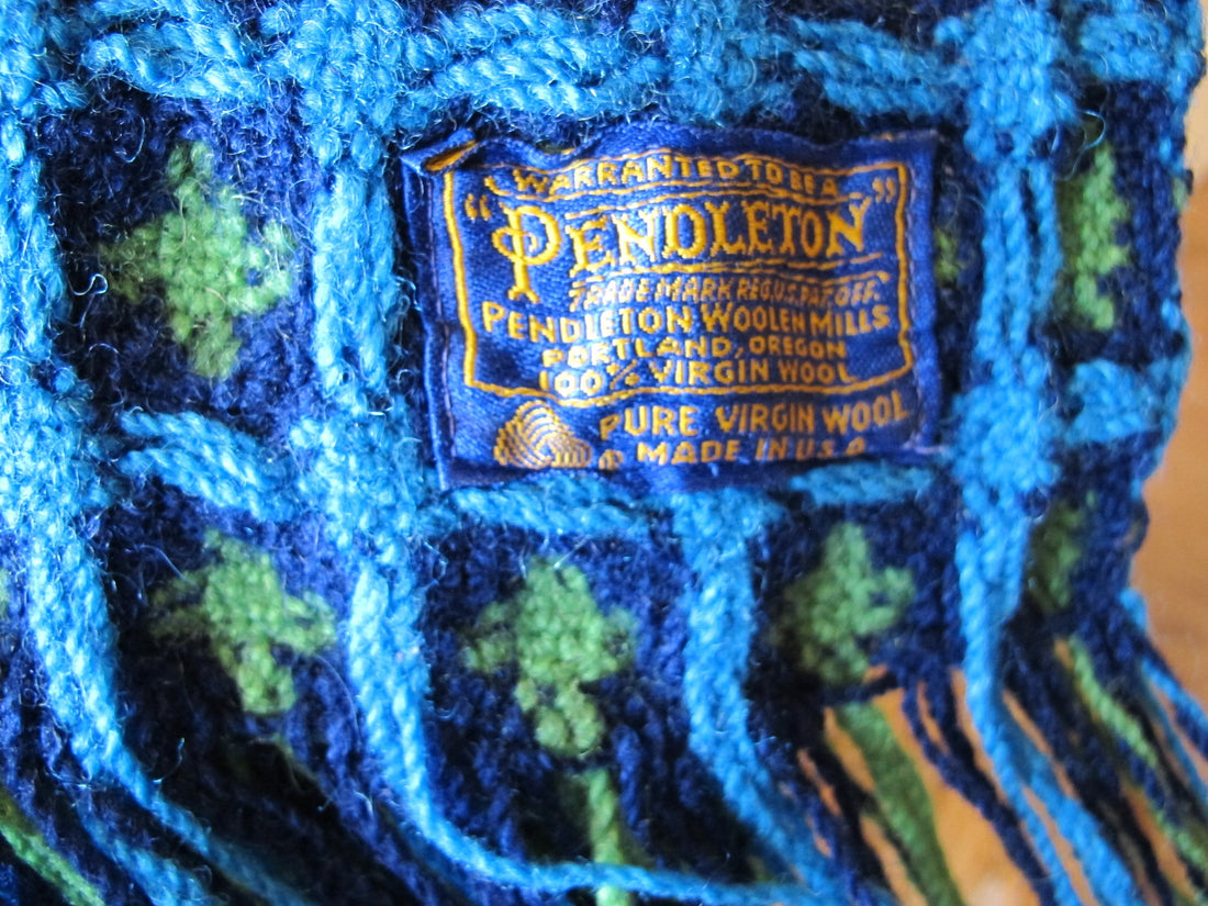 Vintage Pendleton Woolen Mills Woven Wool Double Sided Blanket/Throw - in Lime Green, Navy and Light Blue