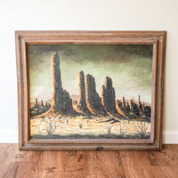Rare Large Vintage Desert Landscape Painting with Original Rustic Wood Frame by James Sims Arizona