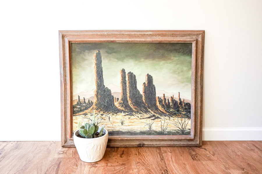 Rare Large Vintage Desert Landscape Painting with Original Rustic Wood Frame by James Sims Arizona