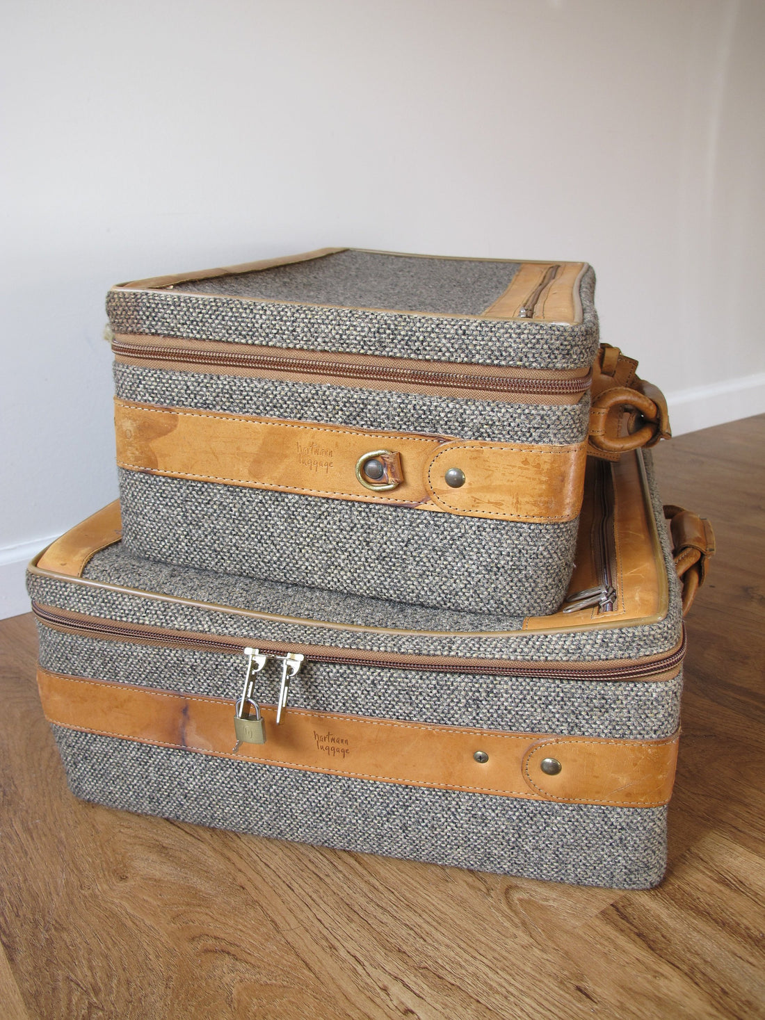 2 Vintage Hartmann Gray Suitcases with Leather Accents (SOLD SEPERATELY)