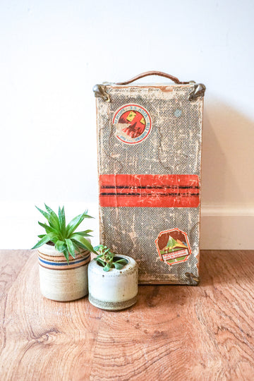 Vintage Distressed Industrial Mini Trunk with Leather Handle, Metal Clasp and Original Stickers