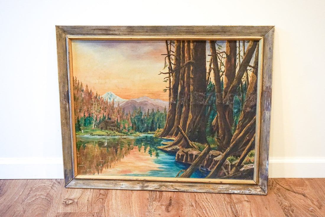Vintage Sunset Lake Landscape Painting with Wood Frame