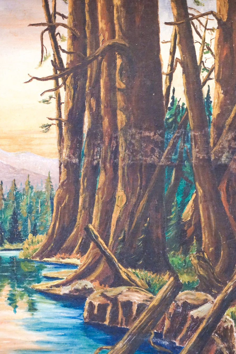 Vintage Sunset Lake Landscape Painting with Wood Frame
