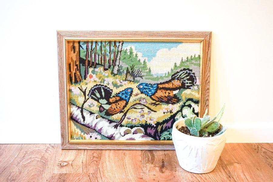 Hand Made Vintage Cross Stitch Quail Landscape Art With Original Frame