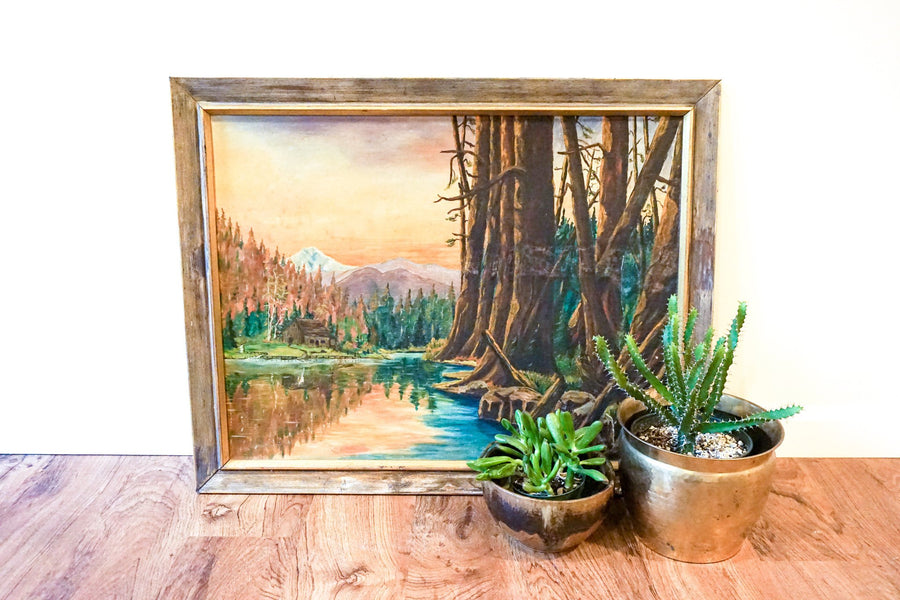 Vintage Sunset Lake Landscape Painting with Wood Frame