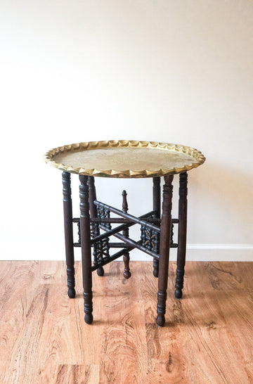 Beautiful Vintage Engraved Brass Table Top with Hand Spun Wooden Folding Legs