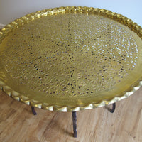 Vintage Mid-Century Round Brass Coffee Table with Folding Spider Style Wood Legs - Scalloped Brass Tray