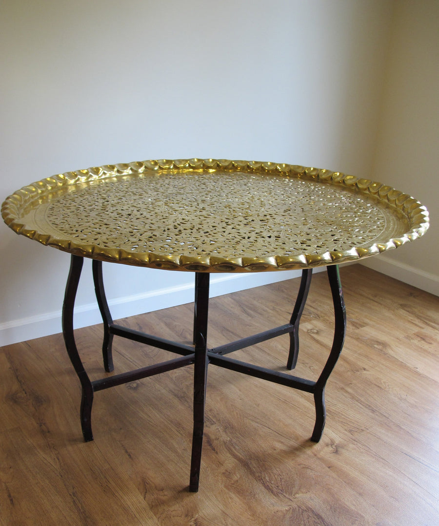 Vintage Mid-Century Round Brass Coffee Table with Folding Spider Style Wood Legs - Scalloped Brass Tray
