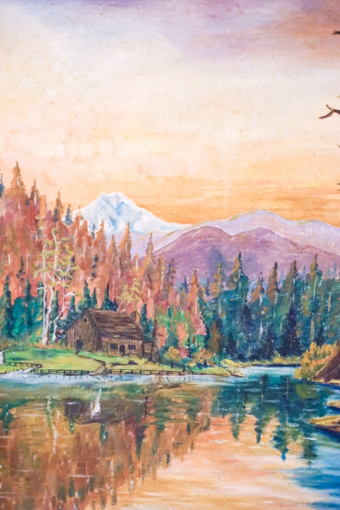 Vintage Sunset Lake Landscape Painting with Wood Frame