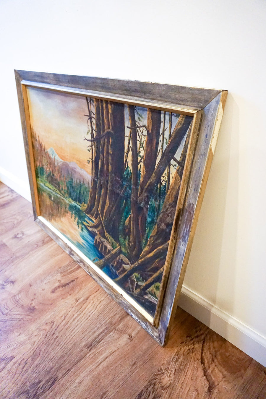 Vintage Sunset Lake Landscape Painting with Wood Frame